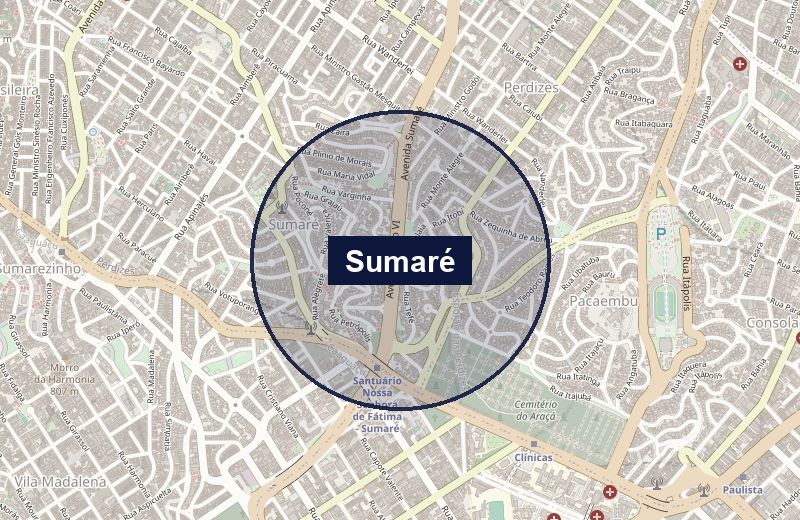 Mapa de São Paulo com o bairro do Sumaré marcado